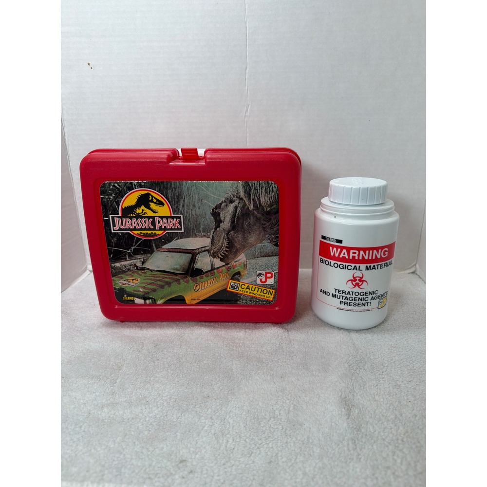 VTG Thermos Jurassic Park Lunch Box Red 1992 T-Rex Biohazard Set w Thermos